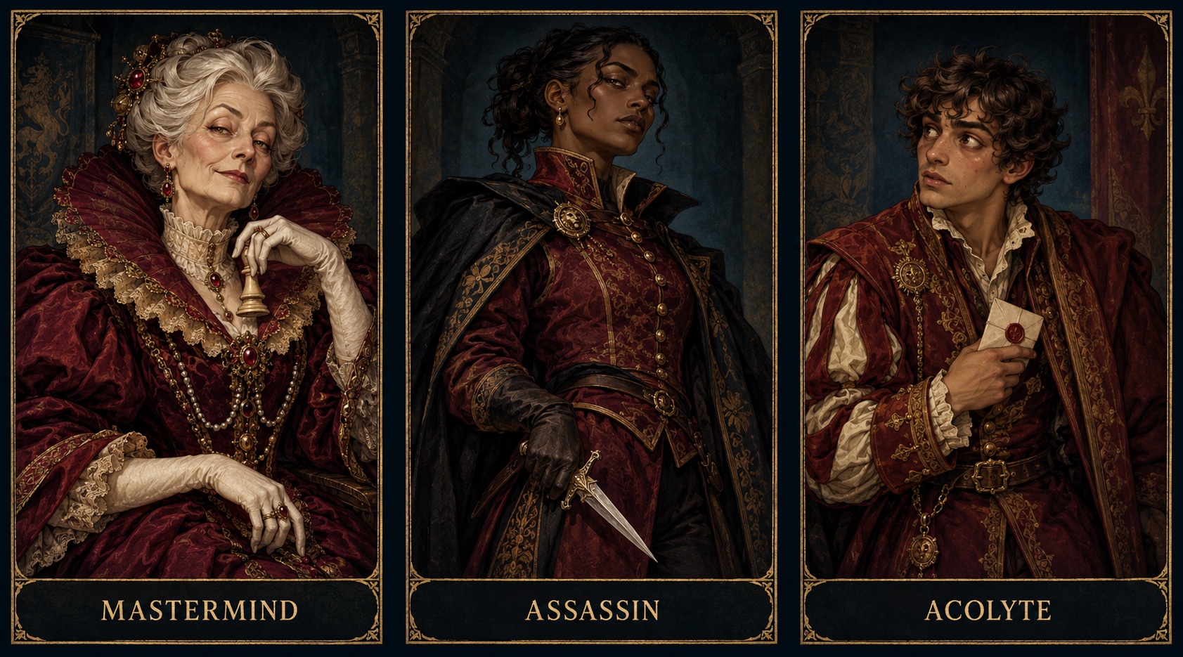 The original portraits of the Mastermind, Assassin and Acolyte.